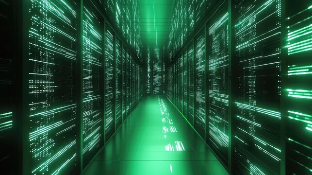 Digital data flowing in server room displaying code