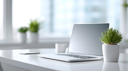 Sleek and organized workspace featuring a silver laptop a green potted plant and a mobile phone on a clean white desk bathed in natural light for productivity