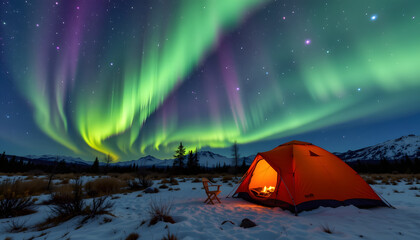 Tent camp under northern lights, remote wilderness journey, adventure tourism escape