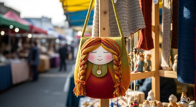 Handmade Doll Bag at Outdoor Market - Unique Craftsmanship and Vibrant Colors. - Powered by Adobe