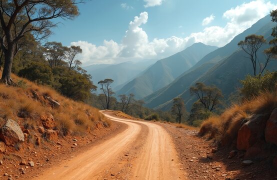 Sandy dirt road winds through a mountainous forest landscape. Dry golden grass covers the slopes under a blue sky with white clouds. Tall trees dot the terrain. - Powered by Adobe
