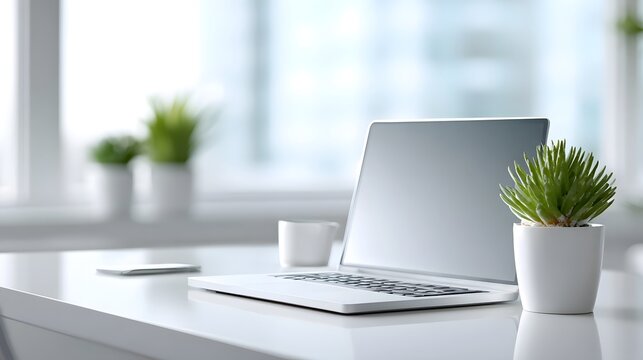 Sleek and organized workspace featuring a silver laptop a green potted plant and a mobile phone on a clean white desk bathed in natural light for productivity - Powered by Adobe