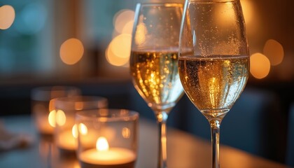 Two glasses filled with sparkling champagne on a table. Lit candles create a romantic atmosphere. Soft lights illuminate the setting perfect for celebration or event.