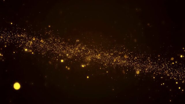 Golden Glittering Particles Flowing Through Dark Space With Bokeh Effects Keywords: glitter, gold, particles, dust, bokeh, abstract