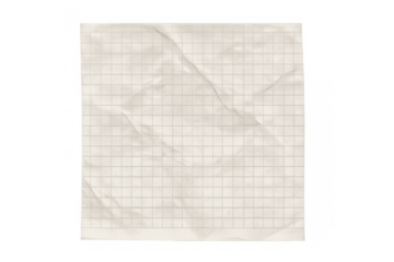 Crumpled graph paper texture with grid pattern, vintage beige wrinkled page for note or banner transparent background