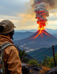 Explorer gazing at erupting volcano from safe distance, wild adventure travel, primal power