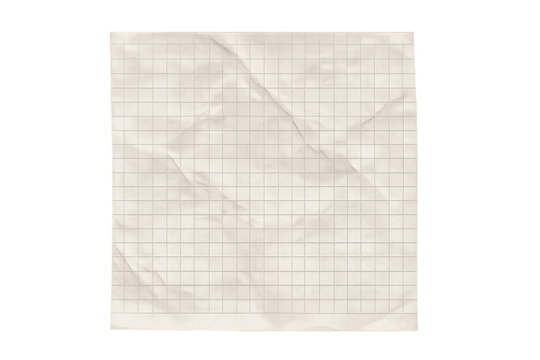 Crumpled graph paper texture with grid pattern, vintage beige wrinkled page for note or banner transparent background