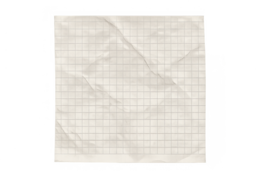 Crumpled graph paper texture with grid pattern, vintage beige wrinkled page for note or banner transparent background