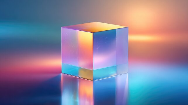Glass cube refracting light with colorful iridescent glow