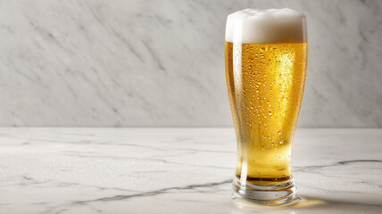 大理石のテーブルに置かれたビールグラスが醸す、洗練されたミニマルなシーン