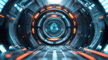 Sci fi high speed tunnel portal with futuristic neon lights
