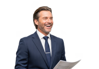 Smiling businessman in suit holding documents png image, professional man laughing stock photo, corporate portrait, isolated on transparent background