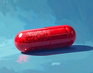 A vibrant, semi-transparent red capsule filled with smaller red spheres sits against a textured blue backdrop, creating a striking contrast