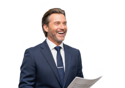 Smiling businessman in suit holding documents png image, professional man laughing stock photo, corporate portrait, isolated on transparent background - Powered by Adobe