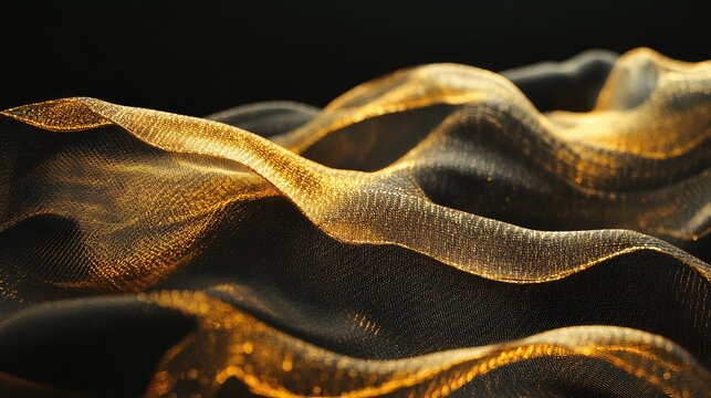 Flowing golden fabric creating abstract wave texture background