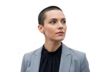 Professional business woman with short hair looking away png stock photo cutout portrait headshot isolated on transparent background