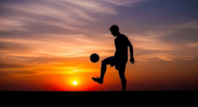 Silhouette of a soccer player juggling the ball against sunset sky - Powered by Adobe