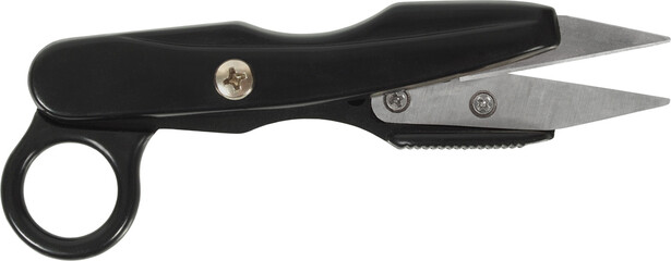 Open scissors with black handle isolated on white background