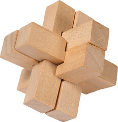 Assembled Wooden Burr Puzzle on White Background