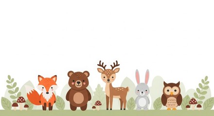 Fototapeta premium Cute cartoon forest animals illustration with a fox, bear, deer, rabbit, and owl standing on green ground with mushrooms and leaves.