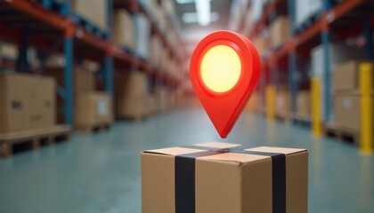 Simple cardboard box rests in large warehouse aisle. Bright red glowing location pin hovers above package. Shows precise inventory management, tracking, delivery status. Modern logistics, efficient