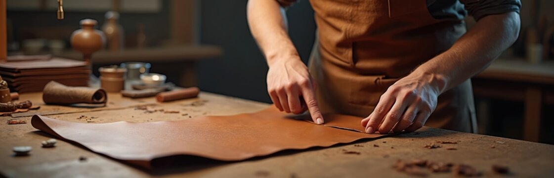 Leathersmith works with brown leather sheet on wooden table. Craftsman prepares material for bag, belt or shoe making in workshop. Leather craft process.