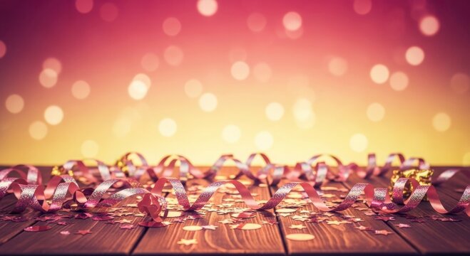 Festive pink and gold streamers and confetti on a wooden surface with a blurred bokeh background.