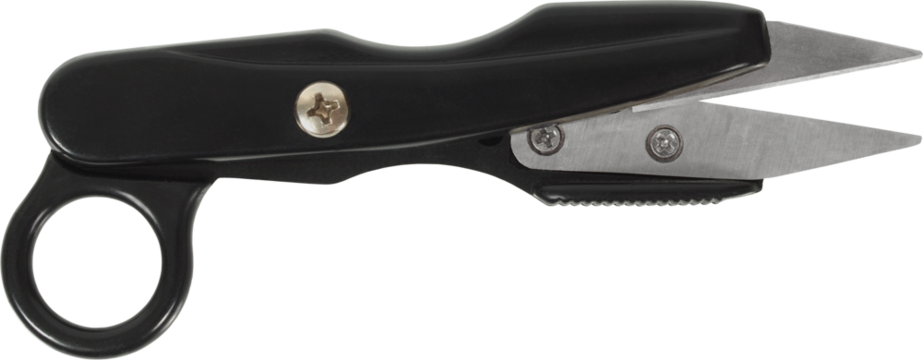 Open scissors with black handle isolated on white background