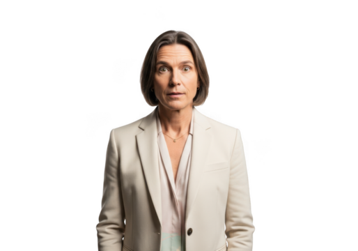 Professional woman in white blazer portrait photography stock image business person presentation isolated on transparent background