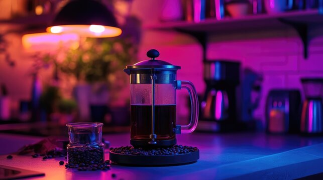 French press coffee pot brewing in neon kitchen - Powered by Adobe