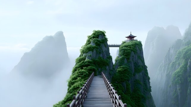 A serene landscape with lush green mountain peaks shrouded in mist A wooden walkway leads to a suspension bridge connecting two summits one crowned by a traditional pavilion - Powered by Adobe