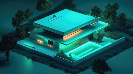 Modern luxury house featuring glowing swimming pool at night