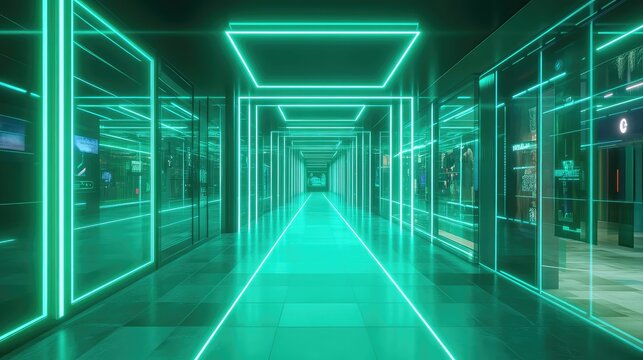 Futuristic hallway with glowing neon green tunnel lights