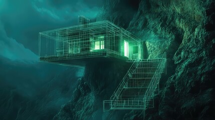 Futuristic cliff house blueprint wireframe architecture concept