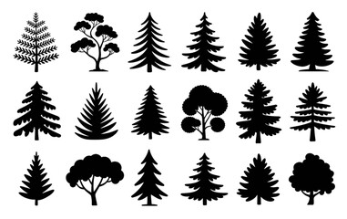 Fototapeta premium Collection of Coniferous and Deciduous Tree Vector Silhouettes in Green Tones - Ideal Graphic Elements for Forest Maps, Nature Infographics, and Woodland Logos.
