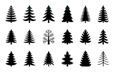 Naklejka premium Diverse Pine Tree Vector Icon Set in Silhouette Style - Coniferous Forest Graphic Elements for Maps, Logos, and Nature Illustrations.
