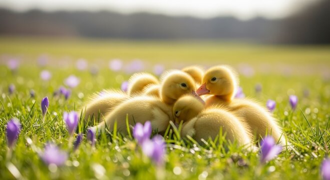 Adorable fluffy ducklings enjoying a vibrant spring day amidst a meadow of purple crocuses and green grass