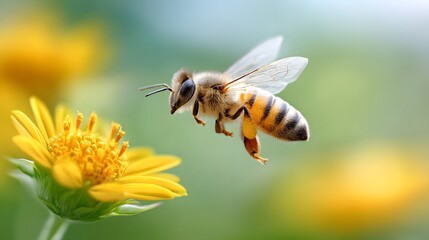 Detailed ro shot of a honeybee with pollen baskets on its legs flying towards a bright yellow daisy like flower highlighting the vital process of pollination