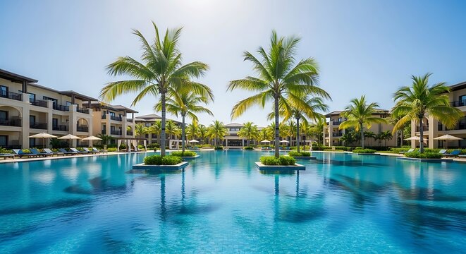 Tropical resort swimming pool with palm trees and buildings under a clear blue sky on a sunny day in punta cana