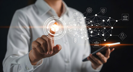 Professional businesswoman interacts with futuristic digital interface showcasing secure network technology and data flow for business innovation