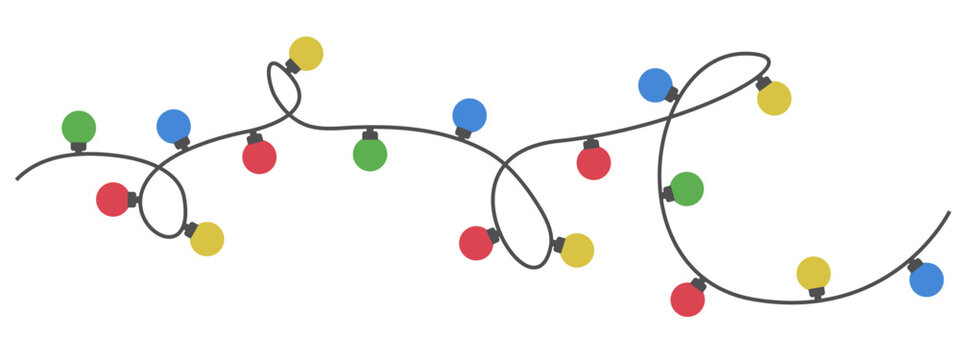 Lightbulb garland. Colorful Christmas lights string. Garland line tangled with colored bulbs. Glowing Xmas festive decoration with hanging retro lamps Isolated transparent background. Vector design