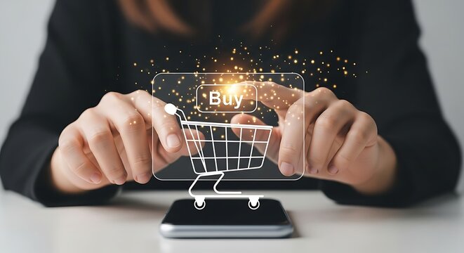 Woman using smartphone for online shopping with a virtual shopping cart and buy button on a digital interface