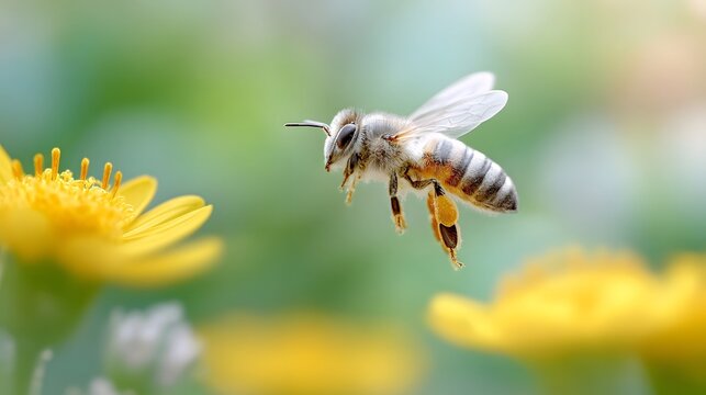 ro photography showcases a busy honeybee with pollen laden legs hovering near a bright yellow flower with a soft out of focus green background creating a bokeh effect
