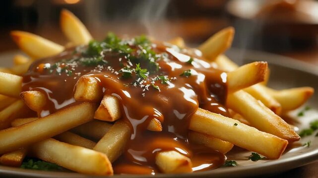 Hot poutine with gravy and parsley on a plate Keywords: poutine, french fries, gravy, cheese curds, Canadian food, comfort food, fast