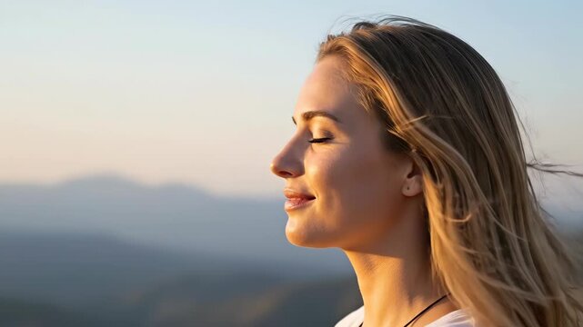 A woman stands with eyes closed and face upturned, feeling the radiant sun on her skin, symbolizing peace and nature connection