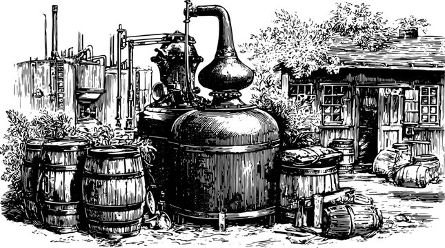 Engraving of an antique distillery set featuring machinery and barrels. Hand-drawn vector illustration showcases traditional production methods.