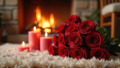 Bouquet of red roses and pink candles sit on fluffy white rug. Warm fire blazes in stone fireplace, creating cozy light. This romantic home scene is perfect for special evening, celebration of love.