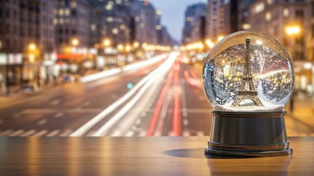 Eiffel tower snow globes on wooden table with city street blur background. Holiday decoration concept.