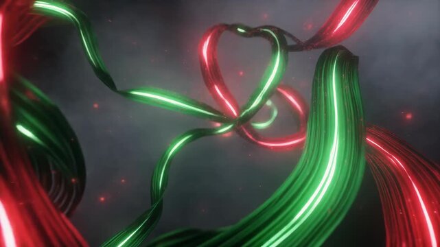 Intertwined Glowing Red and Green Abstract Ribbons with Sparkles and Smoke image photo