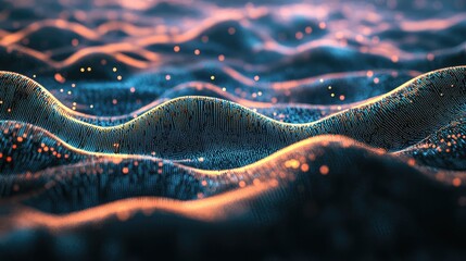 Digital data waves flowing with glowing particles